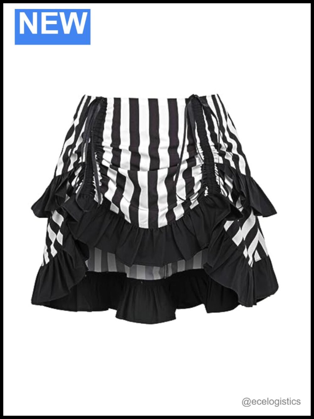 Striped Ruched Bustle Skirt with Elastic Waistband Adjustable Length